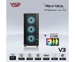 Case VSP Grille visual V3 + Kèm 3 Fan Black(370x200x440mm, 2 mặt kính cường lực, Fan đuôi 1x120mm ko kèm, Fan trước 3x120mm đã kèm, Fan trên 2x120mm ko kèm, 1xUSB3.0, 2xUSB2.0, 1xHDD, 2xSDD, 1xHD Audio, Nguồn dưới dây dài) 