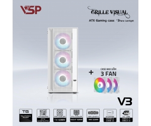 Case VSP Grille visual V3 + Kèm 3 Fan White (370x200x440mm, 2 mặt kính cường lực, Fan đuôi 1x120mm ko kèm, Fan trước 3x120mm đã kèm, Fan trên 2x120mm ko kèm, 1xUSB3.0, 2xUSB2.0, 1xHDD, 2xSDD, 1xHD Audio, Nguồn dưới dây dài) (ĐTBB) 