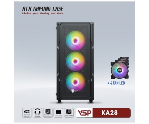 Case VSP KA28 Black(367x216x465mm, Mặt trước lưới, Hông kính cường lực, Fan đuôi 1x120mm đã kèm, Fan trước 3x120mm đã kèm, Fan trên 2x120mm ko kèm, 1xUSB3.0, 2xUSB2.0, 2xHDD, 2xSSD, Tản nước 120/240/360mm ko kèm, Nguồn dưới dây dài)