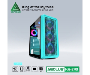 Case VSPTECH KA290 Green (390x200x450mm, Hông kính cường lực, Fan đuôi 1x120mm ko kèm, Fan trước 3x120mm ko kèm, Fan trên 2x120mm ko kèm, Fan dưới 2x120mm, 1xUSB3.0, 2xUSB2.0, 2xHDD, 2xSSD, Tản nước 120/240mm ko kèm, Nguồn dưới dây dài)