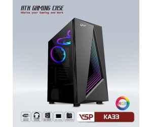 Case VSP KA33 Black (362x185x410mm, Mặt trước sẵn led RGB, Hông kính cường lực, Fan đuôi 1x120mm ko kèm, Fan trước 3x120mm ko kèm, Fan trên 2x120mm ko kèm, 1xUSB3.0, 2xUSB2.0, 2xHDD, 2xSSD, Tản nước 120/240mm ko kèm, Nguồn dưới dây dài)