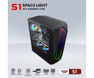 Case VSP S1 ATX LED ARGB Black (380X210X445mm, Dãy Led RGB, Fan trước 3x120mm/2x140mm, Fan đuôi 1x120mm ko kèm, Fan trên 2x120mm/2X140mm ko kèm, 1xUSB3.0, 2xUSB2.0, 2xHDD, 2xSSD, Nguồn dưới)(Liên hệ nhân viên kinh doanh để được giá tốt hơn)
