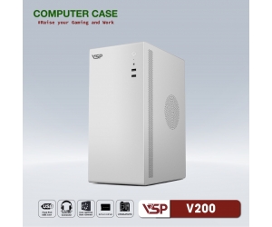 Case VSP V200 White (260x165x353mm, Fan đuôi 1x80mm ko kèm, 2xUSB2.0, 2xHDD, 2xSSD, Nguồn trên dây ngắn)