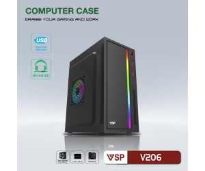 Case VSP V206 Mini Black (305X170X350mm, Dãy Led RGB, Fan đuôi 1x80mm ko kèm, Fan hông 1x120mm ko kèm, 1xUSB3.0, 2xUSB2.0, 1xHDD, 1xSSD, Nguồn trên dây ngắn)