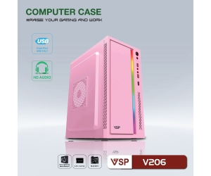 Case VSP V206 Mini Pink (305X170X350mm, Dãy Led RGB, Fan đuôi 1x80mm ko kèm, Fan hông 1x120mm ko kèm, 1xUSB3.0, 2xUSB2.0, 1xHDD, 1xSSD, Nguồn trên dây ngắn)