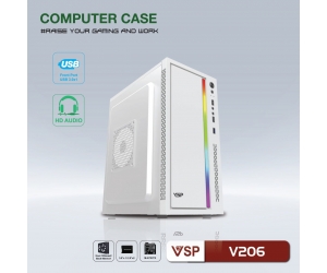Case VSP V206 Mini White (305X170X350mm, Dãy Led RGB, Fan đuôi 1x80mm ko kèm, Fan hông 1x120mm ko kèm, 1xUSB3.0, 2xUSB2.0, 1xHDD, 1xSSD, Nguồn trên dây ngắn)(THAY THẾ CHO VSP V200 White)