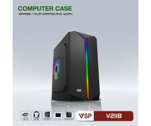 Case VSP V211B Black (270x168x350mm, Dãy LED RGB, Fan đuôi 1x80mm ko kèm, Fan hông 1x120mm ko kèm, 2xUSB2.0, 1xHDD, 2xSSD, Nguồn trên dây ngắn)
