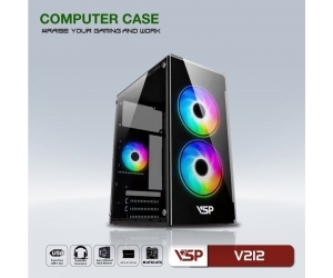 Case VSP V212 Black (270x168x350mm, Hông + Mặt trước kính cường lực, Fan đuôi 1x80mm ko kèm, Fan trước 2x120mm ko kèm, 2xUSB2.0, 1xHDD, 2xSSD, Nguồn trên dây ngắn)