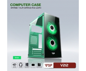 Case VSP V212 Green (270x168x350mm, Hông + Mặt trước kính cường lực, Fan đuôi 1x80mm ko kèm, Fan trước 2x120mm ko kèm, 2xUSB2.0, 1xHDD, 2xSSD, Nguồn trên dây ngắn)