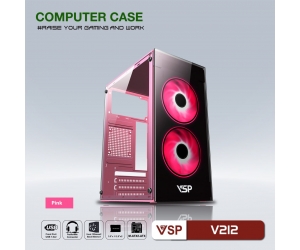 Case VSP V212 Pink (270x168x350mm, Hông + Mặt trước kính cường lực, Fan đuôi 1x80mm ko kèm, Fan trước 2x120mm ko kèm, 2xUSB2.0, 1xHDD, 2xSSD, Nguồn trên dây ngắn)