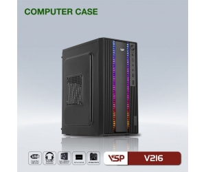 Case VSP V216 Black (300x165x350mm, Fan đuôi 1x80mm ko kèm, Fan hông 1x120mm ko kèm, 2xUSB2.0, 1xHDD, 1xSSD, Nguồn trên)