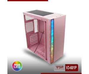 Case VSP V3-601P Pink (370x196x432mm, Dãy LED RGB, Hông trong suốt, Fan đuôi 1x120mm ko kèm, Fan trước 2x120mm ko kèm, 1xUSB3.0, 1xUSB2.0, 2xHDD, 2xSSD, Nguồn trên dây dài)(THAY THẾ CHO 603P Pink) 