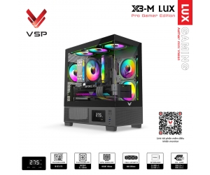 Case VSP X3-M LUX Black FV (413x210x450mm, Mặt trước, Hông kính cường lực, Fan đuôi 1x120mm ko kèm, Fan hông 2x120mm ko kèm, Fan trên 3x120mm ko kèm, 1xUSB3.0, 2xUSB2.0, 2xHDD, 1xSSD, Tản nước 360/240mm ko kèm)