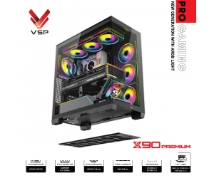 Case VSP X90 PREMIUM Black FV (525x308x4517mm, Mặt trước - Hông kính cường lực, Fan hông 3x120mm ko kèm, Fan trên 3x120mm ko kèm, Fan đuôi 1x120mm ko kèm, Fan trước 1x120mm ko kèm, 1xUSB3.0, 1xUSB2.0, 1xUSB Type-C, 2xHDD, 2xSDD, Tản nước 360mm ko kèm)
