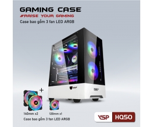 Case VSPTECH HQ50 White (512x227x444mm, Hông kính cường lực, Fan đuôi 1x120mm đã kèm , Fan trước 2x140mm đã kèm, Fan trên 2x120mm ko kèm, Fan dưới 2x120mm ko kèm, 1xUSB3.0, 2xUSB2.0, 2xHDD, 2xSSD, Nguồn dưới) + Kèm 3 Fan LED ARGB