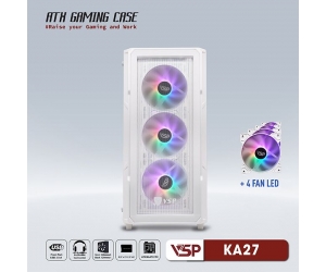 Case VSP KA27 White (kèm 4 fan LED) (367x216x465mm, Hông kính cường lực, Fan đuôi 1x120mm đã kèm , Fan trước 3x120mm đã kèm, 1xUSB3.0, 2xUSB2.0, 2xHDD, 2xSSD, Nguồn dưới) + Kèm 4 Fan LED (Liên hệ nhân viên kinh doanh để được giá tốt hơn)