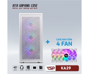 Case VSPTECH KA290 White (368x216x458mm, Hông kính cường lực, Fan đuôi 1x120mm đã kèm , Fan trước 3x120mm đã kèm, Fan trên 2x120mm ko kèm, 1xUSB3.0, 2xUSB2.0, 2xHDD, 2xSSD, Tản nước 120/240mm ko kèm, Nguồn dưới dây dài) + Kèm 4 Fan LED