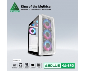 Case VSPTECH KA290 White (390x200x450mm, Hông kính cường lực, Fan đuôi 1x120mm ko kèm, Fan trước 3x120mm ko kèm, Fan trên 2x120mm ko kèm, Fan dưới 2x120mm, 1xUSB3.0, 2xUSB2.0, 2xHDD, 2xSSD, Tản nước 120/240mm ko kèm, Nguồn dưới dây dài)