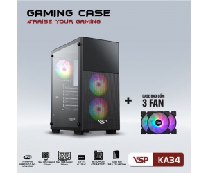 Case VSPTECH KA34 Black (348x216x463mm, Hông kính cường lực, Fan đuôi 1x120mm đã kèm , Fan trước 2x140mm đã kèm, Fan trên 2x120mm ko kèm, 1xUSB3.0, 2xUSB2.0, 2xHDD, 2xSSD, Nguồn dưới) + Kèm 3 Fan LED