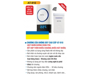 Chuông cửa ko dây ATA AT-910 (Nút nhấn kháng nước, ko dùng pin, 32 kiểu chuông)