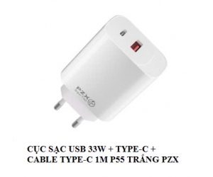 Cóc Sạc 33W USB+Type-C+cáp Type-C 1m P55 White PZX BH1T (ĐTHP)