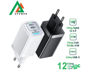 Cóc sạc nhanh Apower GAN8 (3 Cổng hỗ trợ PD/PPS/QC, 65W, Sạc nhanh Điện thoại, Laptop, Ipad...) 