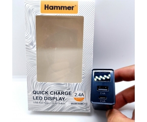 Cóc sạc nhanh Hammer H-08LED (1 cổng USB, 2.4A,1 cổng Type-C, 2.4A)
