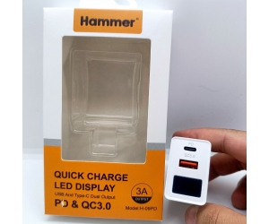 Cóc sạc nhanh Hammer H-09PD White Chính hãng (1 cổng USB, 1 cổng Type-C, QC3.0, 18W, màn hình LED)