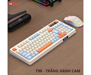 Combo Keyboard + Mouse Raiku T98 Trắng Xanh Cam (Giả cơ, có nút vặn, phím dừng nhạc)