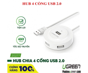 Hub USB 2.0 4 port  Ugreen 20270 1m (Trắng)