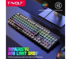 Keyboard T-WOLF T75 Black USB (104 Nút tròn, Phím cơ, Blue Switch)