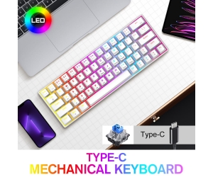 Keyboard T-WOLF T60 White Chính hãng (Phím cơ, 63 key, Blue Switch, 20 chế độ LED, Kết nối cổng Type-C)