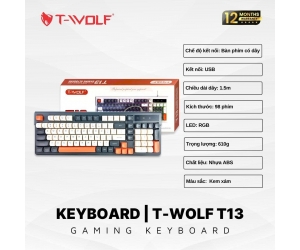Keyboard T-WOLF T13 MilkTea-Gray USB LED FV (Giả cơ, 98 Keys, Dây dài 1.5m) 