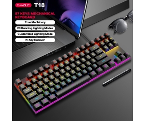 Keyboard T-WOLF T18 Black Chính hãng (Phím cơ, 87 key, Blue Switch, 12 chế độ LED) THAY THẾ CHO T-WOLF T60 Gray White