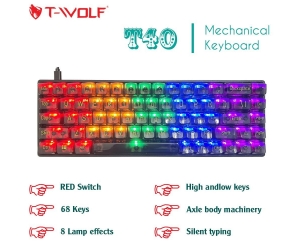 Keyboard T-WOLF T40 Trong suốt Black Chính hãng (Phím cơ, 68 key, Red Switch, 8 chế độ LED, Kết nối cổng USB)