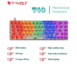 Keyboard T-WOLF T40 Trong suốt Red Chính hãng (Phím cơ, 68 key, Red Switch, 8 chế độ LED, Kết nối cổng USB)
