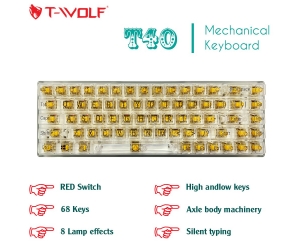 Keyboard T-WOLF T40 Trong suốt Yellow Chính hãng (Phím cơ, 68 key, Red Switch, 8 chế độ LED, Kết nối cổng USB)