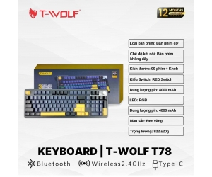 Keyboard T-WOLF T78 Black FV (Phím cơ, 99 keys, Red Switch, Bluetooth-Wireless-TypeC, Dây dài 1.5m)