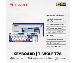 Keyboard T-WOLF T78 White FV (Phím cơ, 99 keys, Red Switch, Bluetooth-Wireless-TypeC, Dây dài 1.5m) 