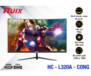 LCD 32” Cong RUIX HC-L320A Chính hãng (VA - VGA, HDMI, 1920x1080, 75Hz, Kèm cáp HDMI, Dây nguồn 3.5m, Cong) + Tặng Headphone 7.1 AAP HD-480 + Tặng Webcam kẹp có mic màu đen (720p)