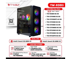 MÁY BỘ XEON T-WOLF TW-XOD3 (MAINBOARD T-WOLF Xeon TW-DU99D4, 2 x Intel® Xeon® E5-2696 V3, Register ECC DDR4 128GB/2133 (4 thanh 32GB), NGUỒN T-WOLF TW-P650RGB, SSD T-WOLF TW-S512N80G3, Case Xigmatek GAMING X II 3F (3 Fan Led RGB), + VGA tùy chọn (T-WOLF TW-GT730 2G, TW-RX580 8G, TW-GTX1060 3G, TW-GTX1050Ti 4G, TW-GTX1060 6G, TW-GTX1650 4G, TW-GTX1660S 6G, TW-RTX2060, TW-RTX3060 12G, TW-RTX3070 8G)