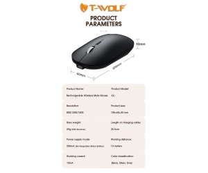 Mouse ko dây T-WOLF X2 Black Bluetooth + Wireless 2.4Ghz (Pin sạc)