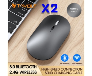 Mouse ko dây T-WOLF X2 Gray Bluetooth + Wireless 2.4Ghz (Pin sạc) 