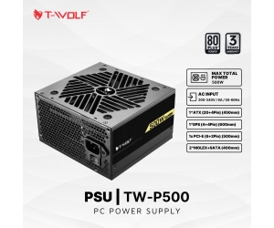 Nguồn CST T-WOLF TW-P500 (500w) 80 Plus Chính hãng (20+4pin, 4+4pin, 6+2pin, 2xMolex, 2xSata, Dây dài, Kèm dây nguồn)