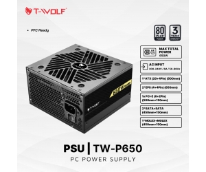 Nguồn CST T-WOLF TW-P650 (650w) 80 Plus Chính hãng (20+4pin, 2x4+4pin, 2x6+2pin, 2xMolex, 4xSata, Dây dài, Kèm dây nguồn)