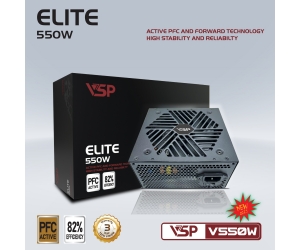 Nguồn CST VSP Elite V550W Active PFC Chính hãng (4+4pin, 2x6+2pin, Dây dài, Kèm dây nguồn)