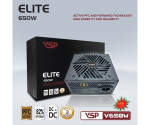 Nguồn CST VSP Elite V650W Active PFC Chính hãng (2x4+4pin, 2x6+2pin, Dây dài, Kèm dây nguồn) 