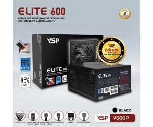 Nguồn CST VSPTECH Elite V600P 600W Black Chính hãng (2x4+4pin, 2x6+2pin, 1x24pin, Dây dài, Kèm dây nguồn)