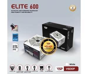 Nguồn CST VSPTECH Elite V600P 600W White Chính hãng (2x4+4pin, 2x6+2pin, 1x24pin, Dây dài, Kèm dây nguồn)