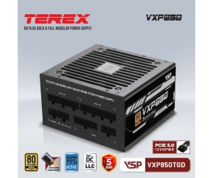 Nguồn VSP TEREX VXP850TGD 850W 80 Plus Gold Chính Hãng ( 3x4+4pin, 20+4pin ,4x6+2pin,12+4pin, Dây dài, Kèm dây nguồn)